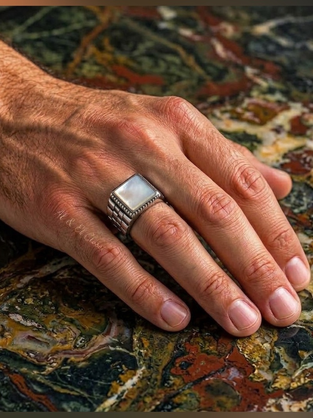 Men’s Mother of Pearl Stainless Steel Signet Ring Size 10.5 New With Tag
